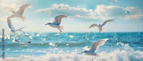 white seagulls flying in group, its flies over ocean