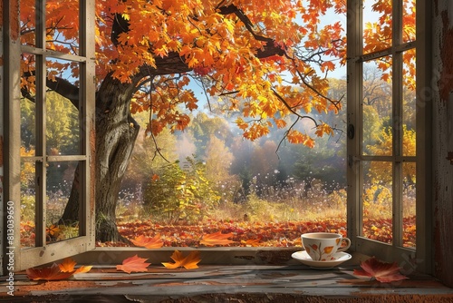 Fototapeta Naklejka Na Ścianę i Meble -  Open window scene showcasing the beauty of fall with a hot cup of tea and scattered leaves on a wooden sill