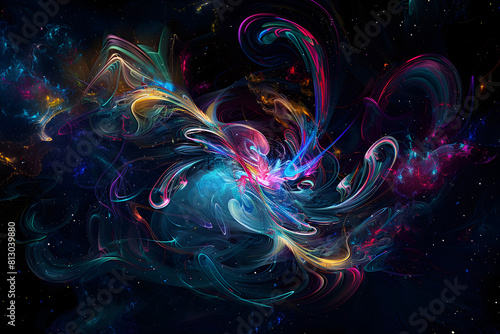 Intricate neon galaxy design with colorful cosmic swirls. Mesmerizing artwork on black background.