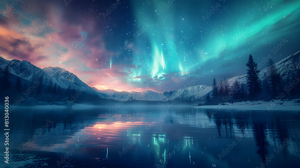 Photo realistic reflections of the Aurora concept: Northern lights shimmering in serene lake waters, doubling the vibrant aurora spectacle.