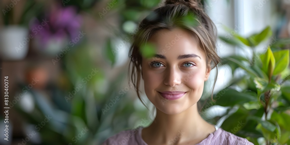 A charming young woman with a captivating smile amid lush indoor plants. Concept Indoor Greenery, Captivating Smile, Charming Woman, Photoshoot, Portrait A charming young woman with a captivating smile amid lush indoor plants. Concept Indoor Greenery, Captivating Smile, Charming Woman, Photoshoot, Portrait