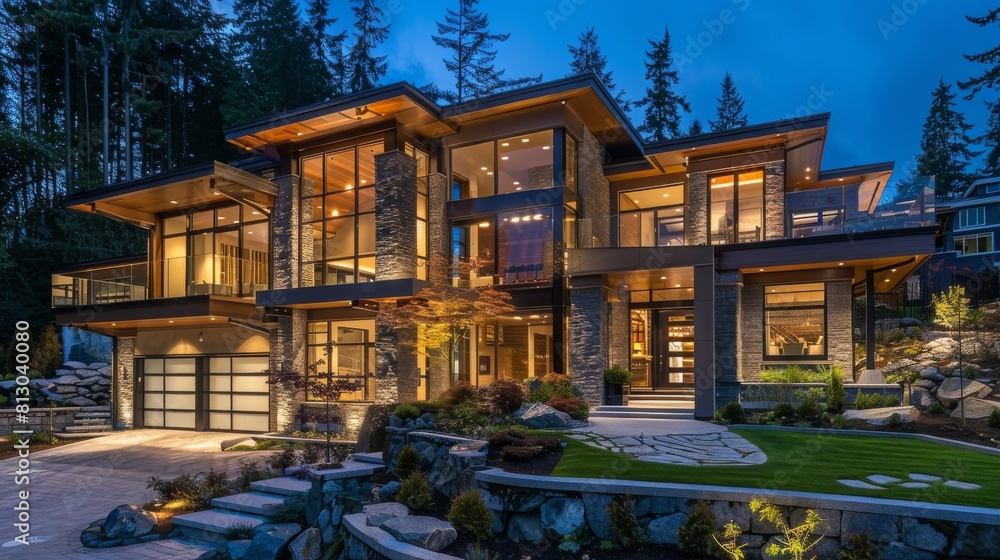 An expansive modern multi-story home illuminated at twilight with elegant landscaping and stone pathways An expansive modern multi-story home illuminated at twilight with elegant landscaping and stone pathways