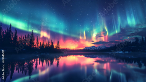 Northern Lights Reflections  Aurora Concept with Vibrant Colors Mirrored in Serene Lake   Photo Realistic Reflection in Still Waters   Visual Spectacle of Aurora