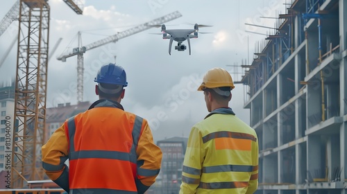 Construction Workers Monitoring a Drone at a Building Site. Two Engineers in High Visibility Jackets Overseeing a Modern Urban Development Project. Industrial Collaboration. AI