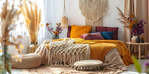 Cozy boho chic bedroom with earthtoned decor macramé throw and dried flowers. Concept Boho Chic Bedroom, Earthy Tones, Macramé Decor, Dried Flowers photo