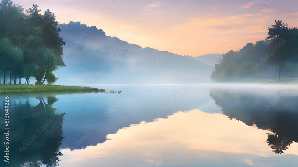 A misty morning on a tranquil lake, with the water reflecting the soft hues of the dawn sky A misty morning on a tranquil lake, with the water reflecting the soft hues of the dawn sky