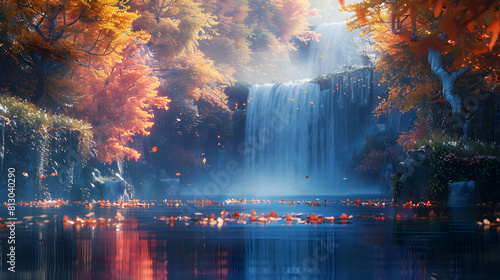 A serene waterfall flows in a forest with autumn colors, reflecting tranquility and change