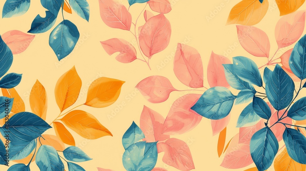 Delicate leaf in soft pastel hues of pink, teal, butter yellow, and papaya orange against a simple background with negative space. Delicate leaf in soft pastel hues of pink, teal, butter yellow, and papaya orange against a simple background with negative space.