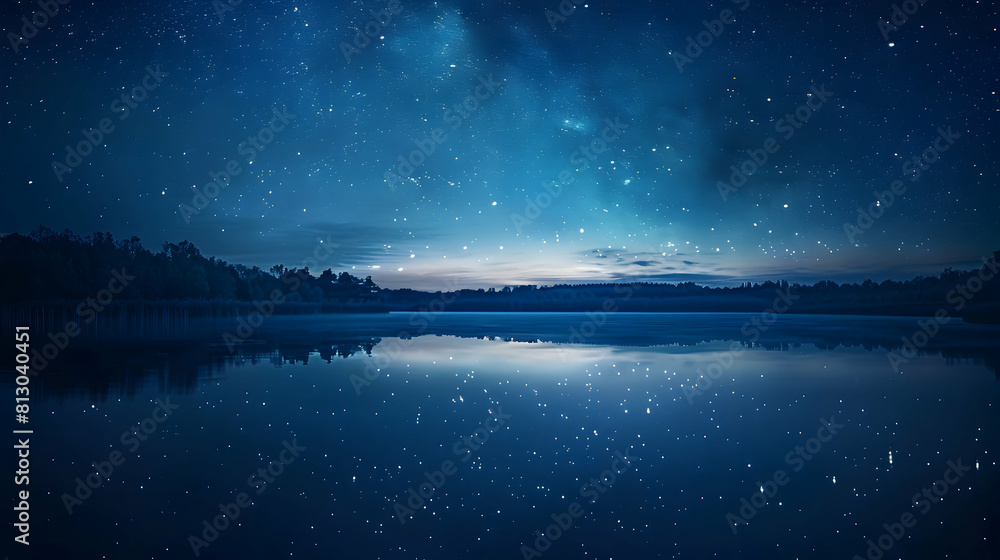 Starry Night Over Serene Lake: Stars Twinkling Above Illuminating the Peaceful Night Reflection in Undisturbed Water   Photo Realistic Concept