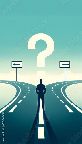 a person standing at a fork in the road, facing a large question mark in the sky between two diverging paths, each with a blank road sign