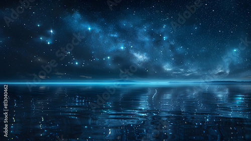Beautiful Photo Realistic Scene: Starry Night Reflecting Over Serene Lake, Twinkling Stars Illuminating Peaceful Glow in Undisturbed Water Photo Stock Concept