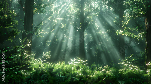 Enchanting Sunbeams: Captivating Light and Shadow in Dense Woodland   Photo Realistic Illustration of Sunbeams Filtering Through Old Growth Forest Foliage © Gohgah