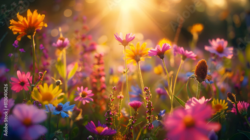 Breathtaking Sunlit Wildflower Field: A Tapestry of Colors Bathed in Sunlight   Photo Realistic Concept on Adobe Stock © Gohgah