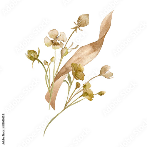 Dry flowers, herbs monochrome arrangement in watercolor sienna color. Abstract flowers in beige color isolated. Fantasy leaves, buds hand drawn. Design of branding, printed products, wall art