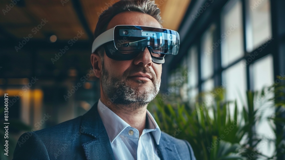 Business executive wearing smart glasses and a suit Business executive wearing smart glasses and a suit