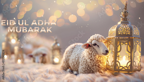 eid ul adha card with sheep and lamp with light colour background for muslim festival generated by AI