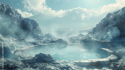 Thermal Pools in Volcanic Setting: Photo Realistic Image of Steaming Thermal Pools in Unique Natural Spa Experience Amid Rugged Landscapes
