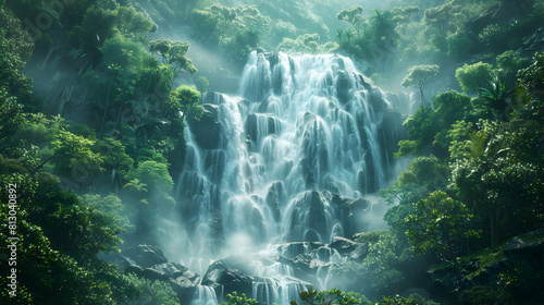 Powerful Thunderous Mountain Waterfall Surrounded by Lush Greenery in Stunningly Realistic Photo Stock Concept