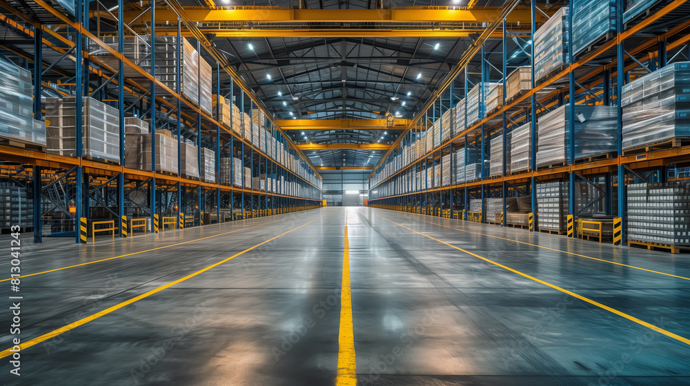 large warehouse with rows of shelves filled with inventory large warehouse with rows of shelves filled with inventory