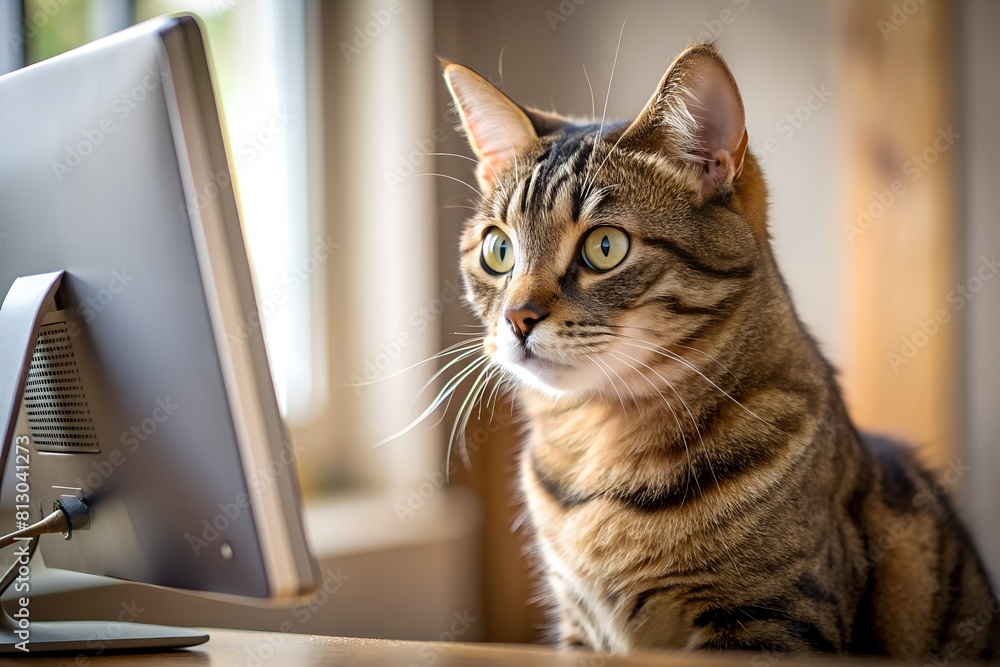 Attentive tabby cat gazes at a computer screen, portraying curiosity and intelligence Attentive tabby cat gazes at a computer screen, portraying curiosity and intelligence