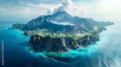 Photo realistic aerial shot of a volcanic archipelago showcasing diverse formations and vibrant life on each island photo