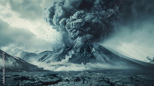 Photo realistic depiction of ominous volcanic ash clouds billowing from an erupting volcano, showcasing nature s powerful force in a dramatic display of raw energy and beauty. Perf photo