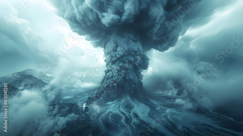 Powerful Display of Nature: Ominous Volcanic Ash Clouds Billowing from Erupting Volcano Photo Realistic Stock Concept