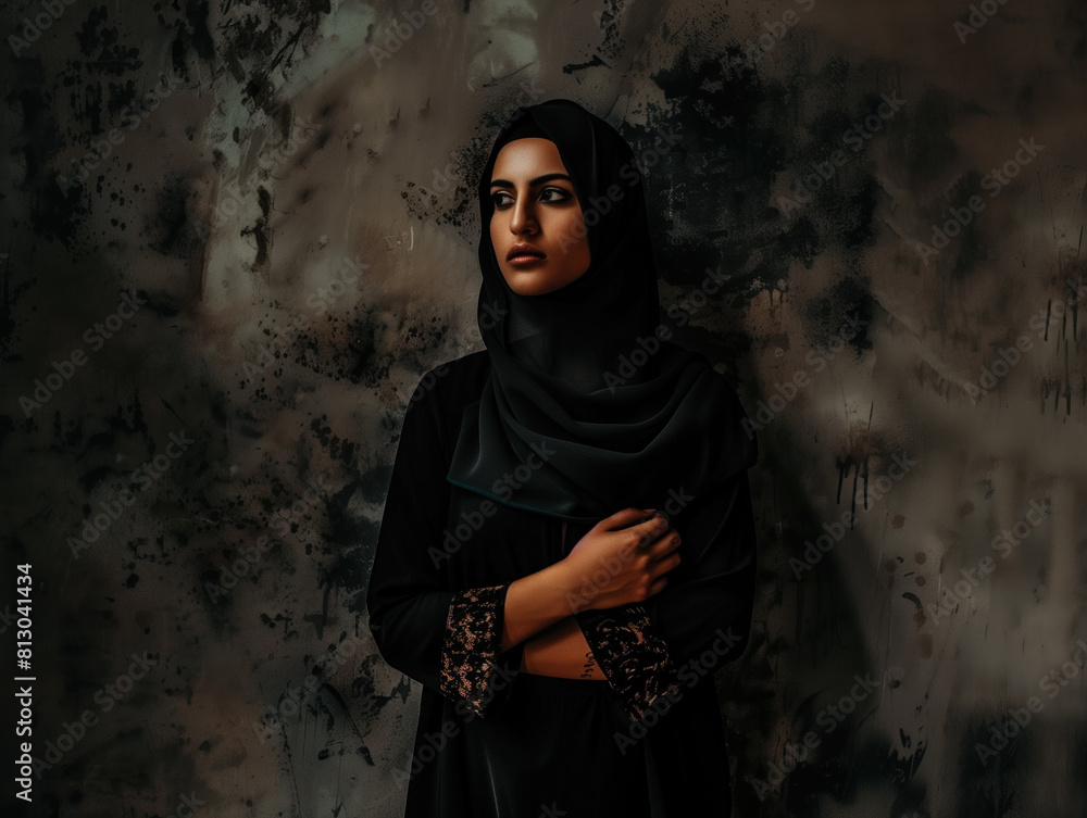 mysterious woman in a dark hijab gazing thoughtfully against a moody textured background mysterious woman in a dark hijab gazing thoughtfully against a moody textured background