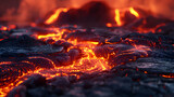 Photo realistic of a Volcanic River of Lava: A dynamic display of molten rock flowing from an active volcano, showcasing the fluidity and power of nature Concept   Photo Stock