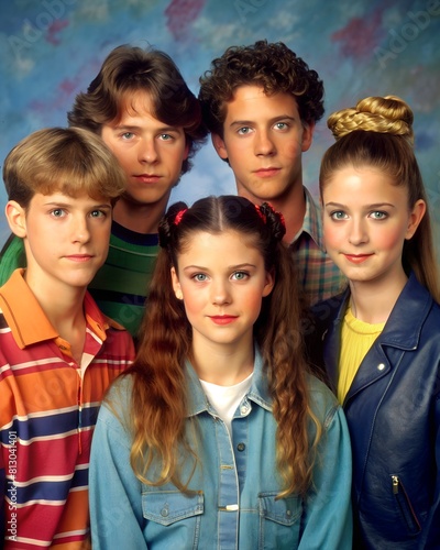 A group of five teenagers posing in colorful 1980s fashion for a group portrait