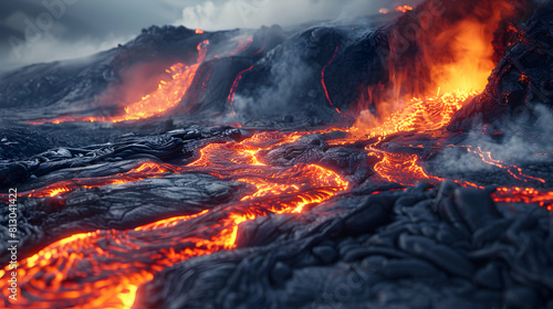 Photo realistic as Volcanic River of Lava: A river of molten lava flowing from an active volcano showcasing the dynamic and fluid nature of molten rock Photo Stock Concept