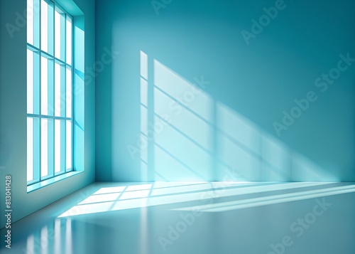 3D rendering of a modern minimalist blue room with geometric window shadows on the wall