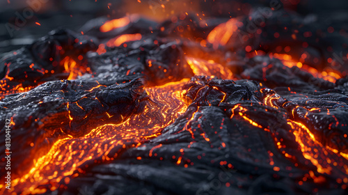 Photo realistic as Volcanic River of Lava concept A river of molten lava flowing from an active volcano showcasing the dynamic and fluid nature of molten rock. Photo Stock Concep