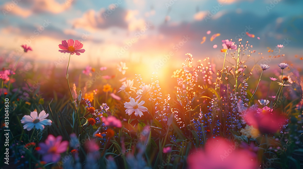 Wildflower Meadow at Sunrise: A meadow blanketed with wildflowers glowing under the soft light of sunrise   vibrant and peaceful scene at Photo Stock Concept