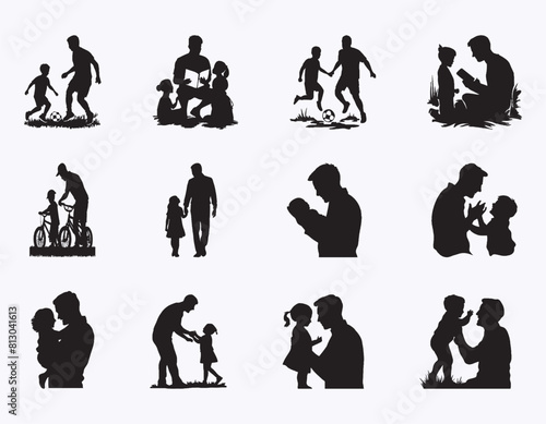 Collection of Father and son or dad and girl Silhouettes in different poses set. Happy father day black silhouette design. Father and Child Silhouette