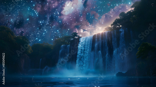 Starry Skies and Majestic Waterfall: A Blend of Earthly Vitality and Celestial Wonder Photo Realistic Concept on Adobe Stock