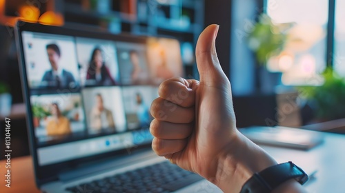 Person giving thumbs up during a virtual meeting on a laptop. Clear communication and positive feedback in a cozy home office setup. Casual teleconference with a modern tech vibe. AI photo