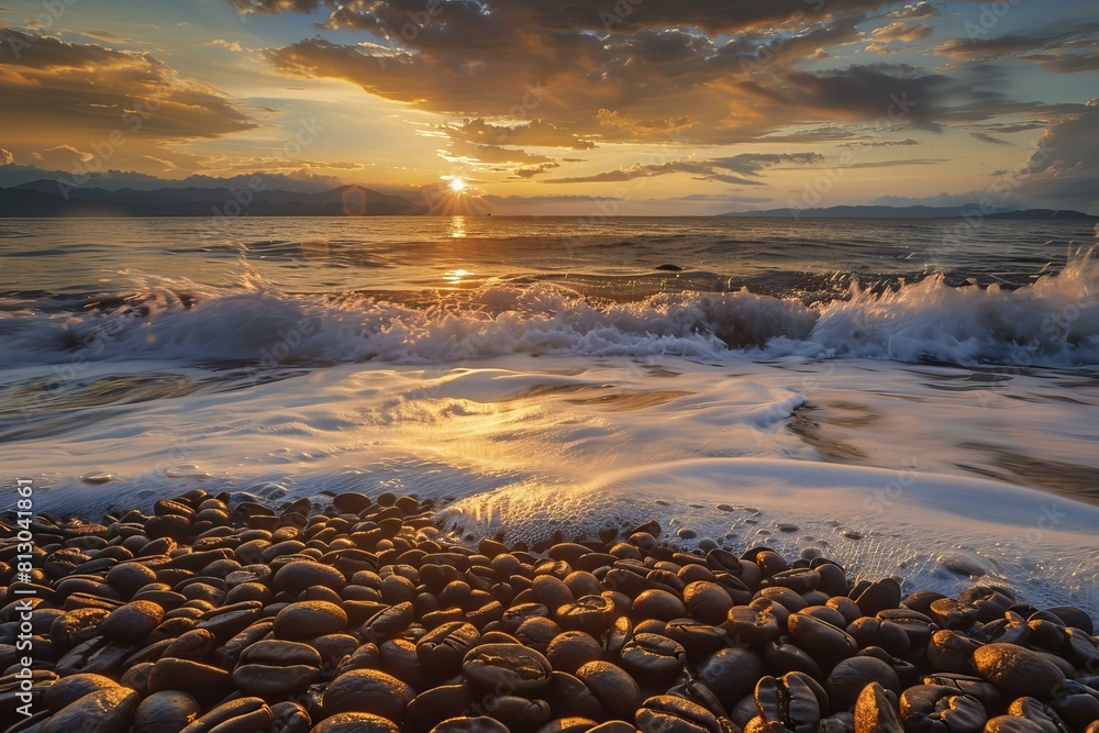 Obraz premium Golden sun rays illuminate waves crashing onto a shore lined with smooth stones