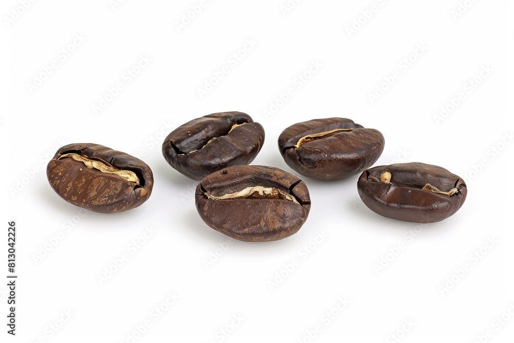 Closeup of five brown roasted coffee beans isolated on a pure white backdrop Closeup of five brown roasted coffee beans isolated on a pure white backdrop