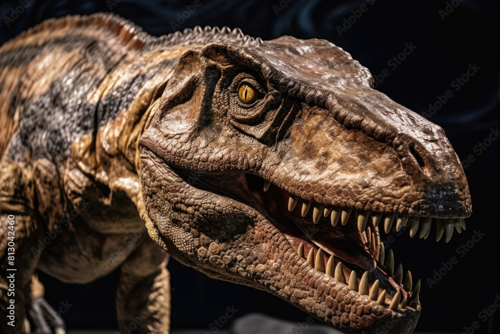 Fototapeta premium A large T-Rex dinosaur skeleton is exhibited in a museum, showcasing the prehistoric predator in a lifelike pose