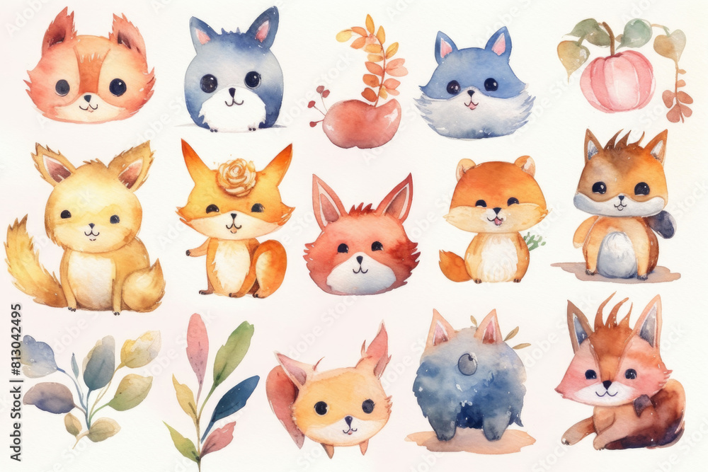 A collection of watercolor animals depicted through vibrant and lively colors, set against a clean white background