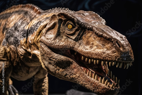 A large T-Rex dinosaur skeleton is exhibited in a museum  showcasing the prehistoric predator in a lifelike pose