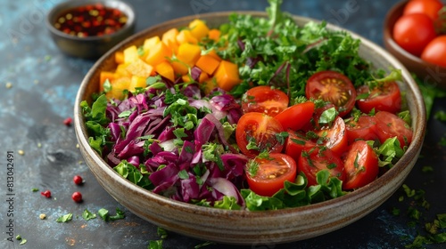 A colorful rainbow salad packed with an array of crisp veggies, drizzled with balsamic vinaigrette, a healthy and vibrant lunch option