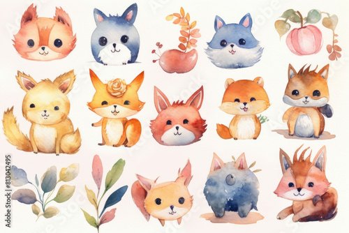A collection of watercolor animals depicted through vibrant and lively colors  set against a clean white background