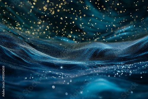 Particle background image similar to a mountain floor The sky was dotted with golden stars all over. Dark blue color tone