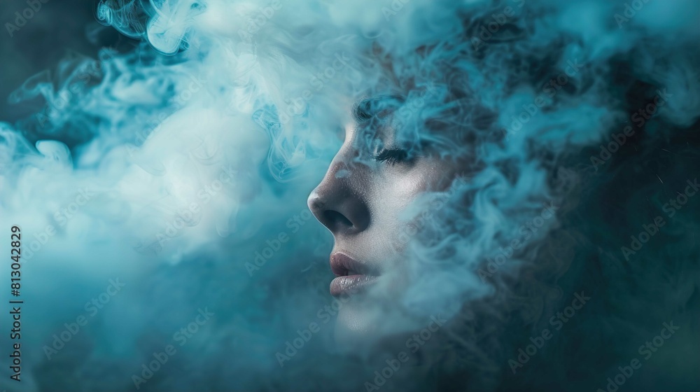 A person's face is partially visible through a swirling mass of blue-tinged smoke. The smoke dominates the image, creating an ethereal and mysterious atmosphere. The person's features are delicate, wi A person's face is partially visible through a swirling mass of blue-tinged smoke. The smoke dominates the image, creating an ethereal and mysterious atmosphere. The person's features are delicate, wi