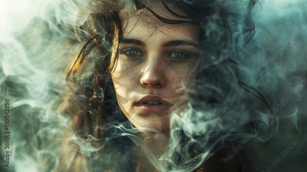 A close-up portrait of a young woman with visible freckles and piercing green eyes, partially obscured by swirls of smoke surrounding her face. Her hair is windswept, and the smoke creates an ethereal