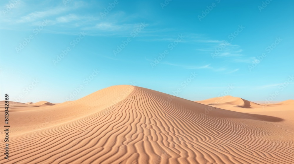 Tranquil desert landscape with rolling sand dunes and clear blue skies Tranquil desert landscape with rolling sand dunes and clear blue skies