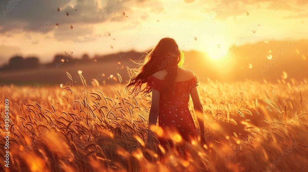 A person with long, flowing hair is walking through a field of tall, golden wheat illuminated by the warm glow of the setting sun. The individual is facing away from the camera, wearing a red, off-the A person with long, flowing hair is walking through a field of tall, golden wheat illuminated by the warm glow of the setting sun. The individual is facing away from the camera, wearing a red, off-the
