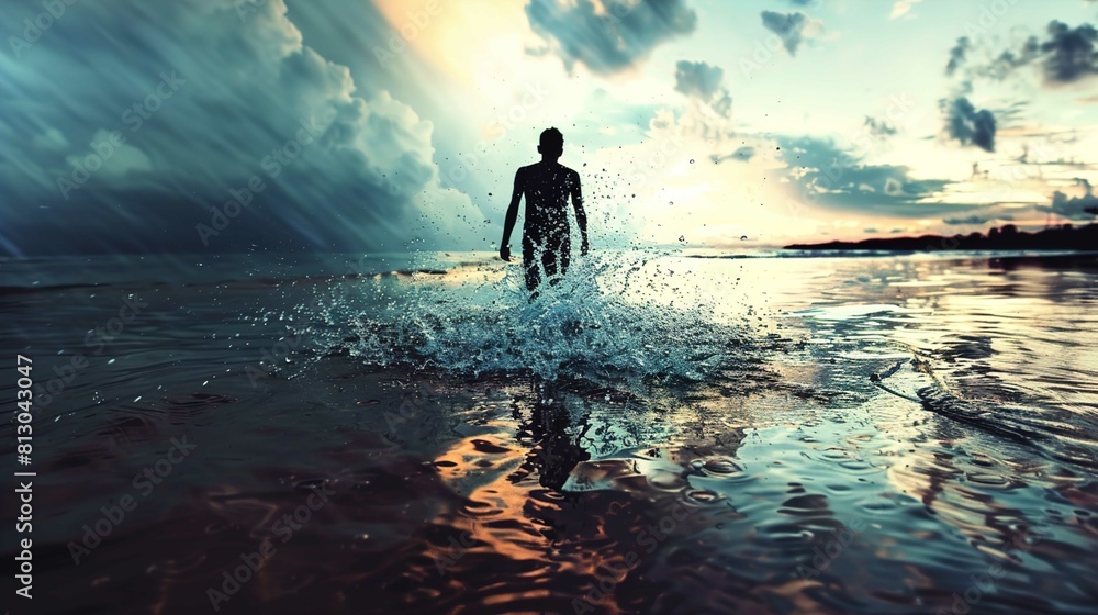 The image displays a person from behind as they walk into a large body of water, likely an ocean or a lake, at what appears to be sunset. The person is centered in the image, creating a dynamic splash